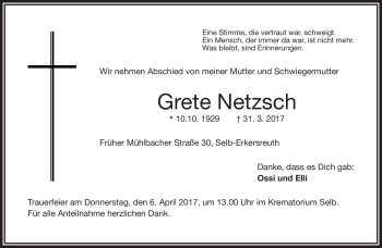 Traueranzeige von Grete Netzsch von Frankenpost