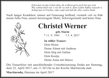 Traueranzeige von Christel Werner von Südthüringer Presse