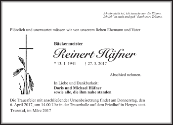 Traueranzeige von Reinert Häfner von Südthüringer Presse