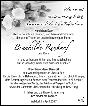 Traueranzeige von Brunhilde Reukauf von Südthüringer Presse