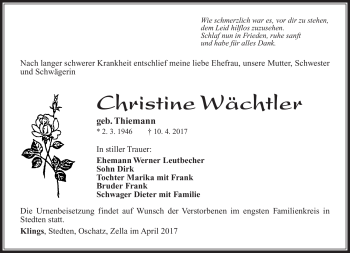 Traueranzeige von Christine Wächtler von Südthüringer Presse