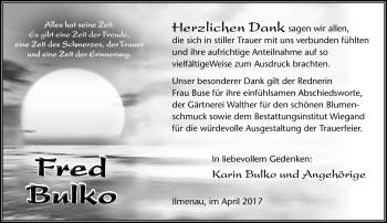 Traueranzeige von Fred Bulko von Südthüringer Presse