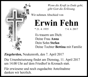 Traueranzeige von Fehn Erwin von Neue Presse Coburg