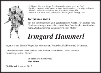 Traueranzeige von Irmgard Hammerl von Südthüringer Presse