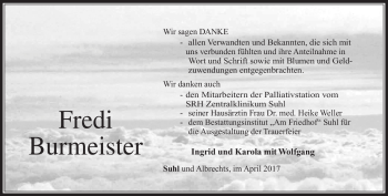Traueranzeige von Fredi Burmeister von Südthüringer Presse