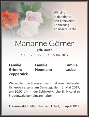 Traueranzeige von Marianne Görner von Südthüringer Presse
