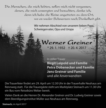 Traueranzeige von Werner Greiner von Südthüringer Presse