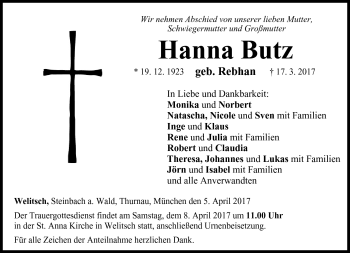 Traueranzeige von Hanna Butz von Neue Presse Coburg