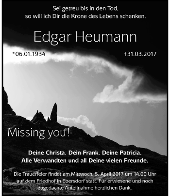 Traueranzeige von Edgar Heumann von Neue Presse Coburg