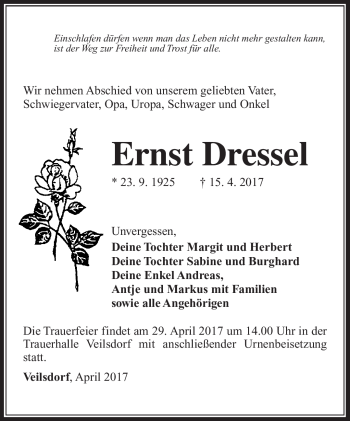 Traueranzeige von Ernst Dressel von Südthüringer Presse