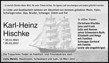 Traueranzeige von Karl-Heinz Hischke von Südthüringer Presse