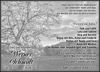 Traueranzeige von Werner Schmidt von Südthüringer Presse