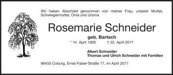 Traueranzeige von Rosemarie Schneider von Neue Presse Coburg