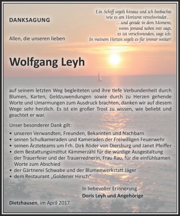 Traueranzeige von Wolfgang Leyh von Südthüringer Presse