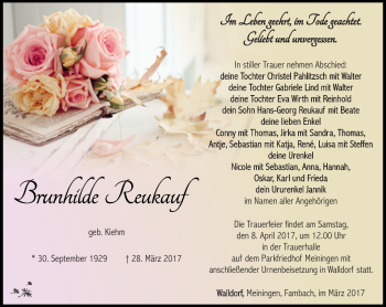 Traueranzeige von Brunhilde Reukauf von Südthüringer Presse