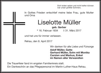 Traueranzeige von Liselotte Müller von Frankenpost