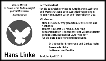 Traueranzeige von Hans Linke von Südthüringer Presse