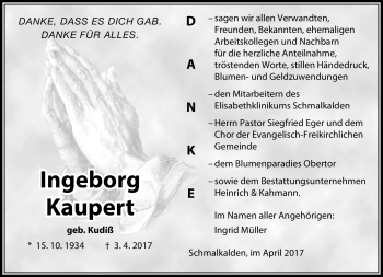 Traueranzeige von Ingeborg Kaupert von Südthüringer Presse