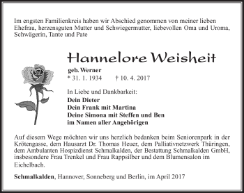 Traueranzeige von Hannelore Weisheit von Südthüringer Presse