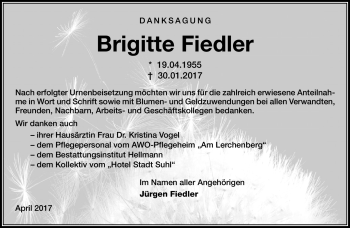 Traueranzeige von Brigitte Fiedler von Südthüringer Presse