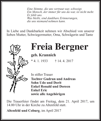Traueranzeige von Freia Bergner von Südthüringer Presse