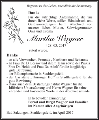 Traueranzeige von Martha Wagner von Südthüringer Presse