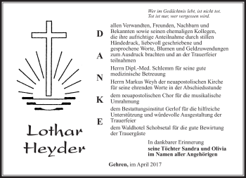 Traueranzeige von Lothar Heyder von Südthüringer Presse