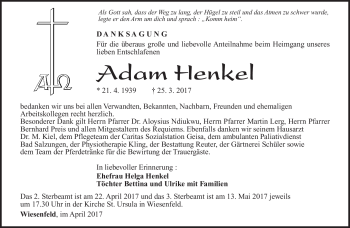 Traueranzeige von Adam Henkel von Südthüringer Presse