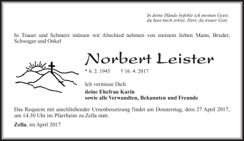 Traueranzeige von Norbert Leister von Südthüringer Presse