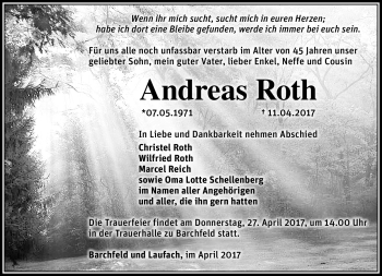 Traueranzeige von Andreas Roth von Südthüringer Presse