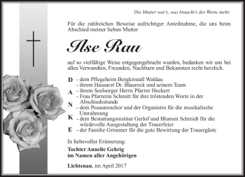 Traueranzeige von Ilse Rau von Südthüringer Presse