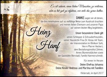 Traueranzeige von Heinz Hanf von Südthüringer Presse