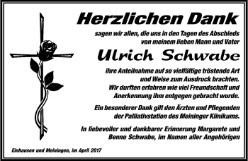 Traueranzeige von Urlich Schwabe von Südthüringer Presse