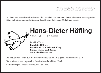 Traueranzeige von Hans-Dieter Höfling von Südthüringer Presse