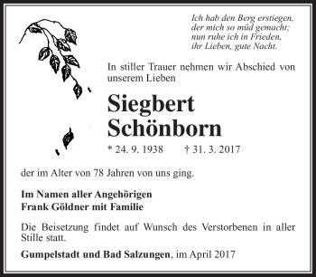 Traueranzeige von Siegbert Schönborn von Südthüringer Presse