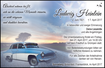 Traueranzeige von Ludwig Heinlein von Südthüringer Presse