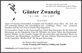 Traueranzeige von Günter Zwanzig von Südthüringer Presse