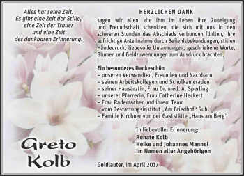 Traueranzeige von Greto Kolb von Südthüringer Presse