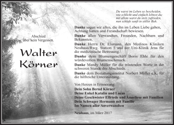 Traueranzeige von Walter Körner von Südthüringer Presse
