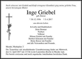 Traueranzeige von Inge Griebel von Neue Presse Coburg