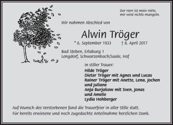 Traueranzeige von Alwin Tröger von Frankenpost