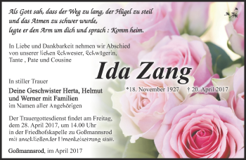 Traueranzeige von Ida Zang von Südthüringer Presse
