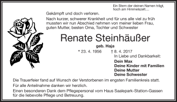 Traueranzeige von Renate Steinhäußer von Frankenpost