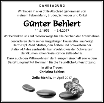 Traueranzeige von Günter Behlert von Südthüringer Presse