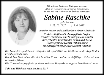Traueranzeige von Sabine Raschke von Südthüringer Presse