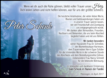 Traueranzeige von Peter Schenk von Südthüringer Presse