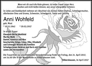 Traueranzeige von Anni Wohlfeld von Südthüringer Presse