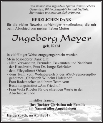 Traueranzeige von Ingeborg Meyer von Südthüringer Presse