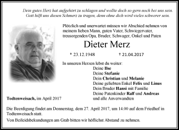 Traueranzeige von Dieter Merz von Neue Presse Coburg