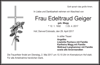 Traueranzeige von Edeltraud Geiger von Frankenpost